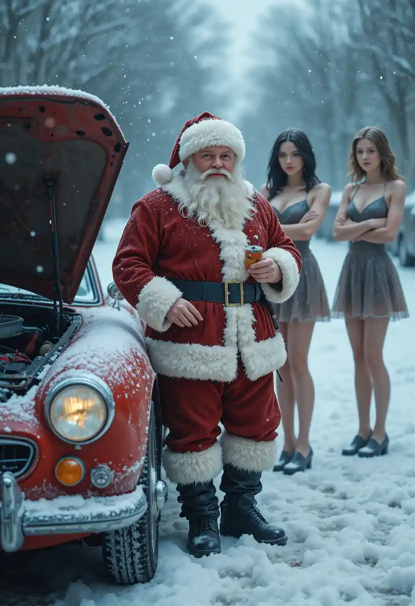 Santa lighting a car battery in a snowy street