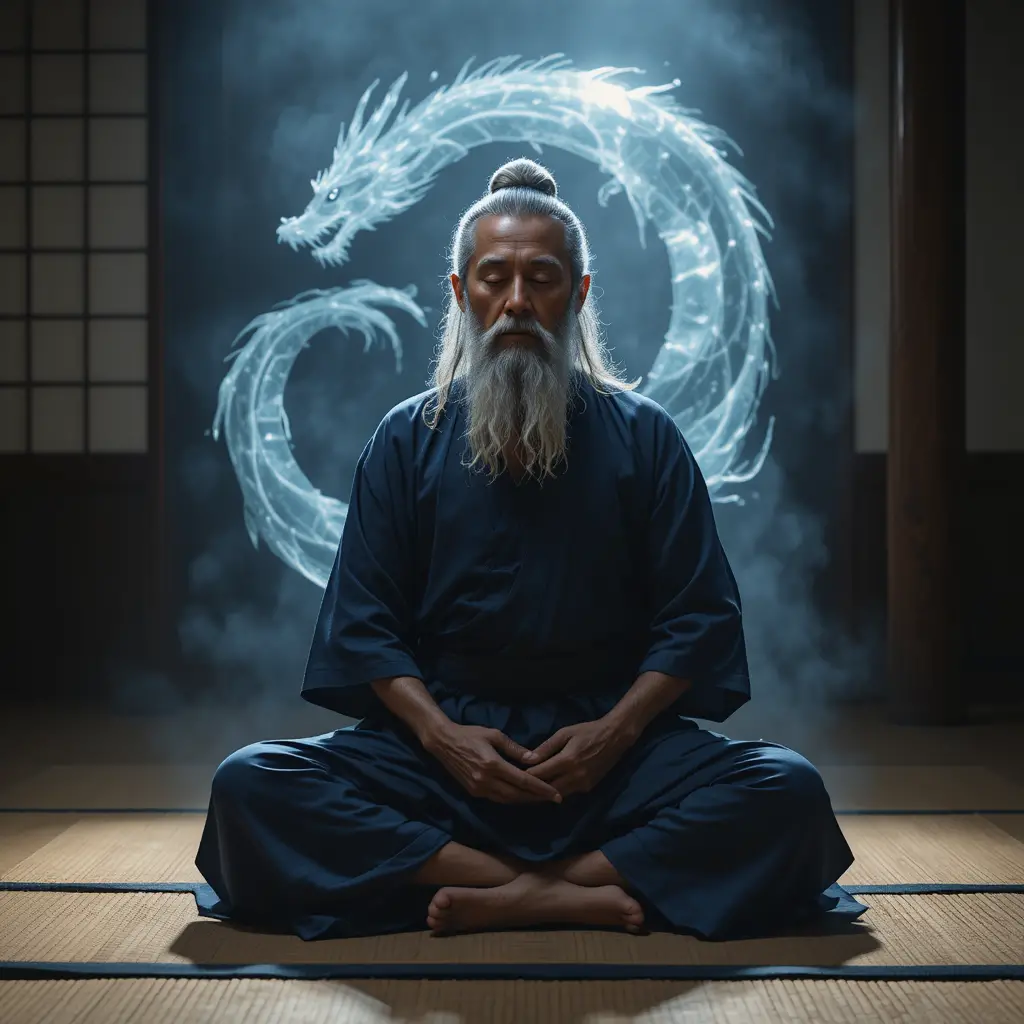 Elderly man meditating in a serene Japanese tatami room