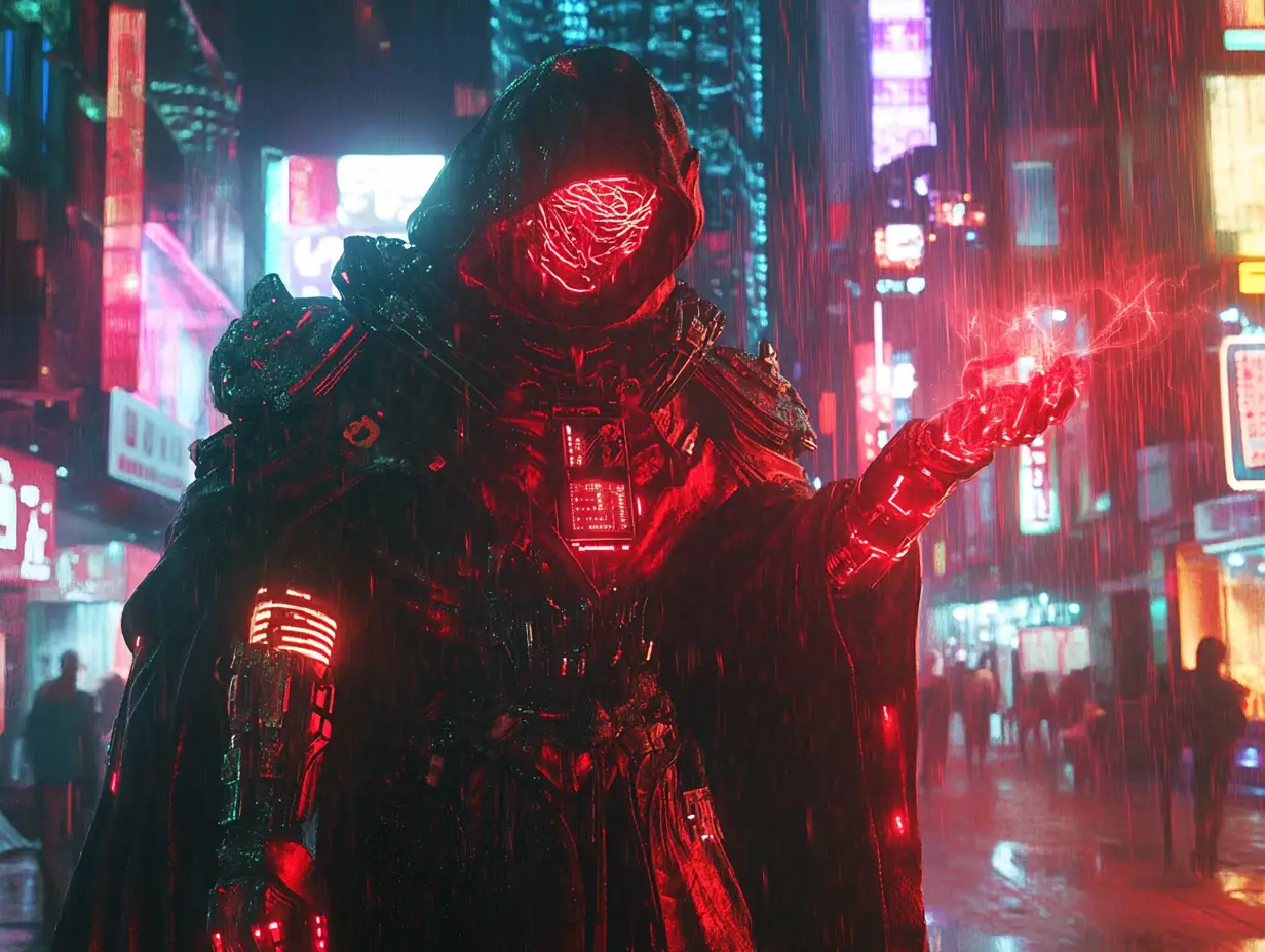 Cyberpunk blood mage in neon drenched futuristic city