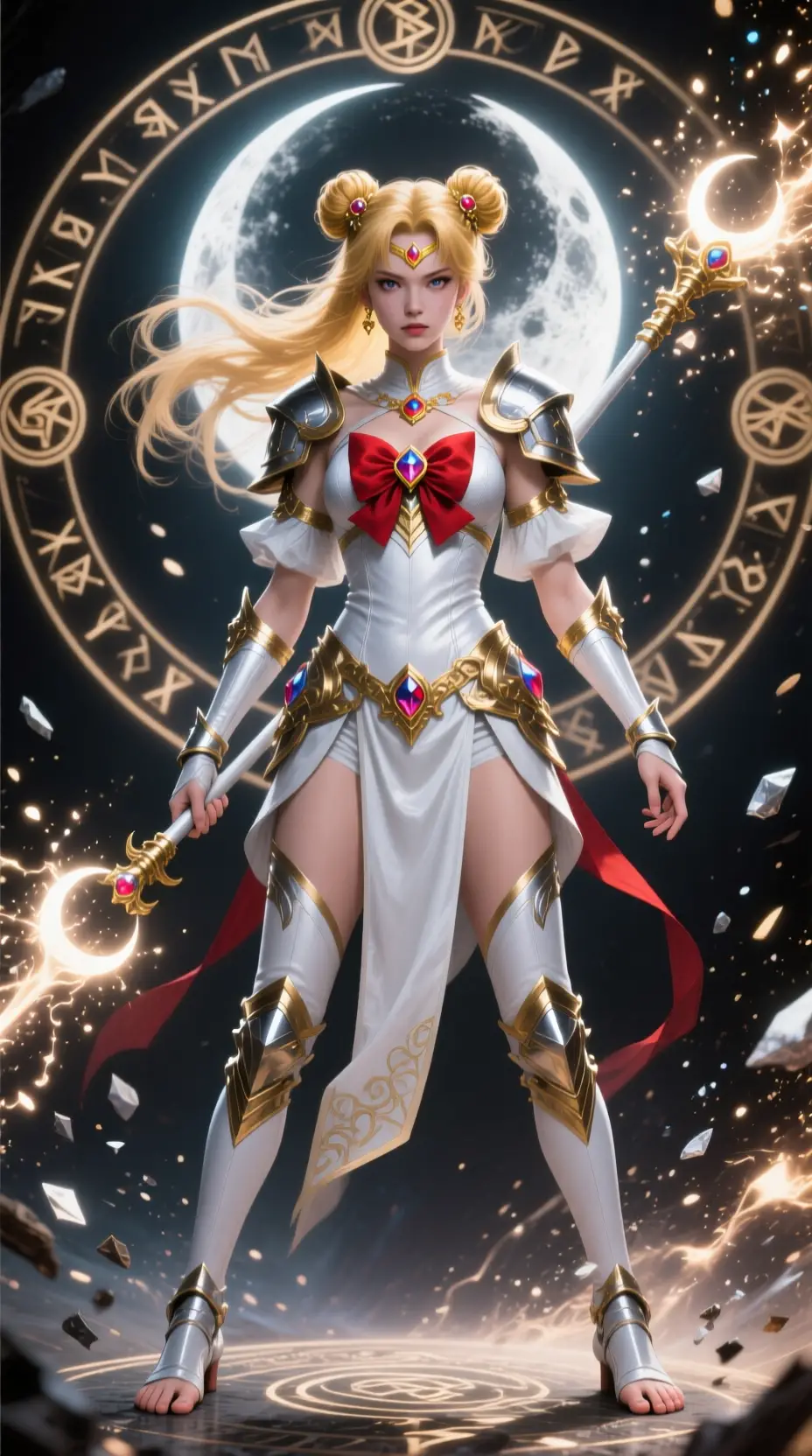 Divine lunar warrior woman with glowing magical staff