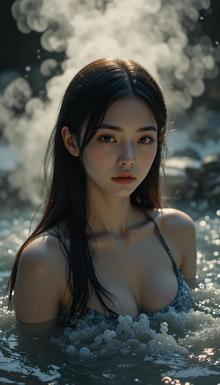 High angle portrait of girl in steamy outdoor hot spring
