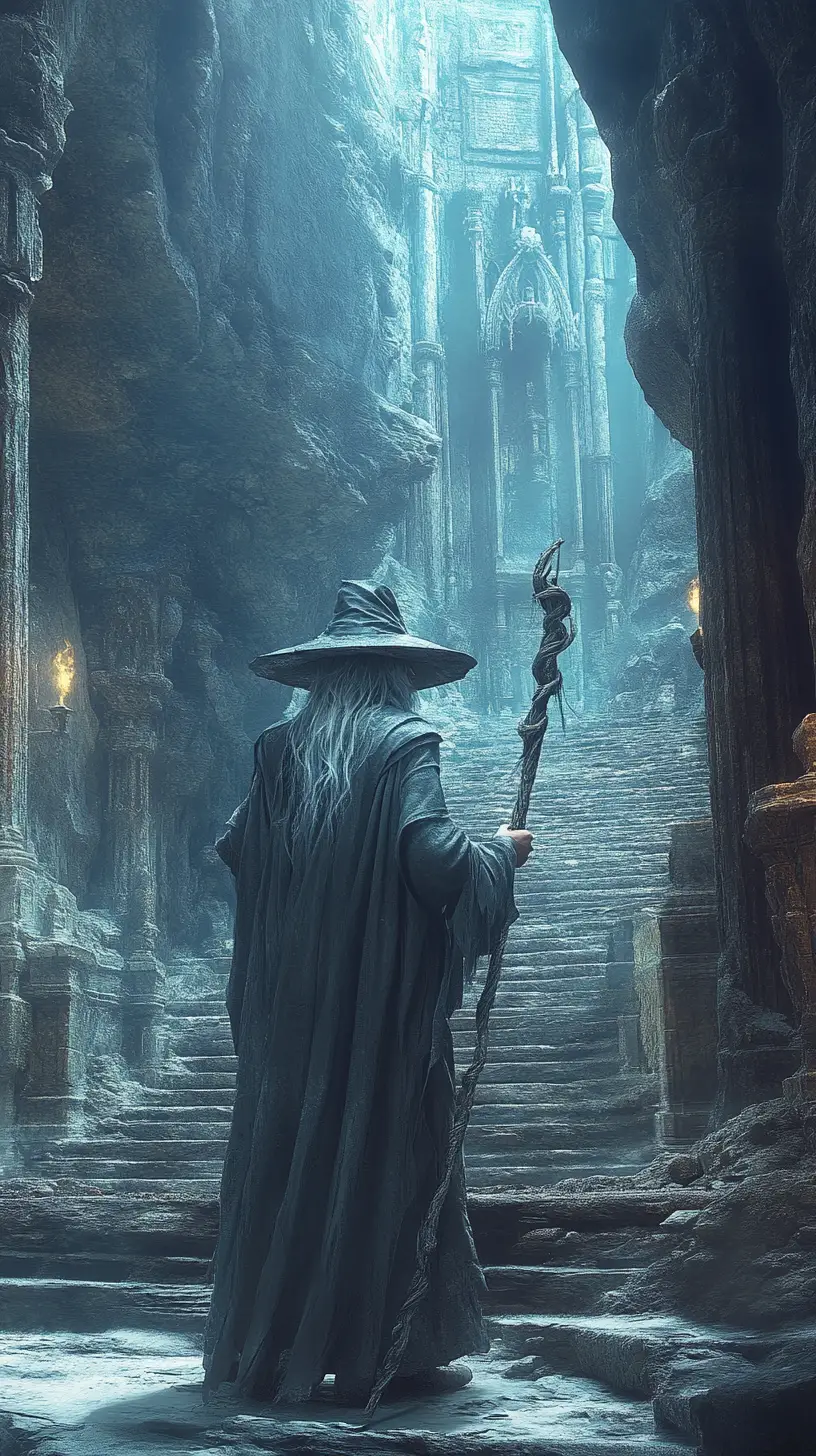 Old wizard in a vast stone temple interior