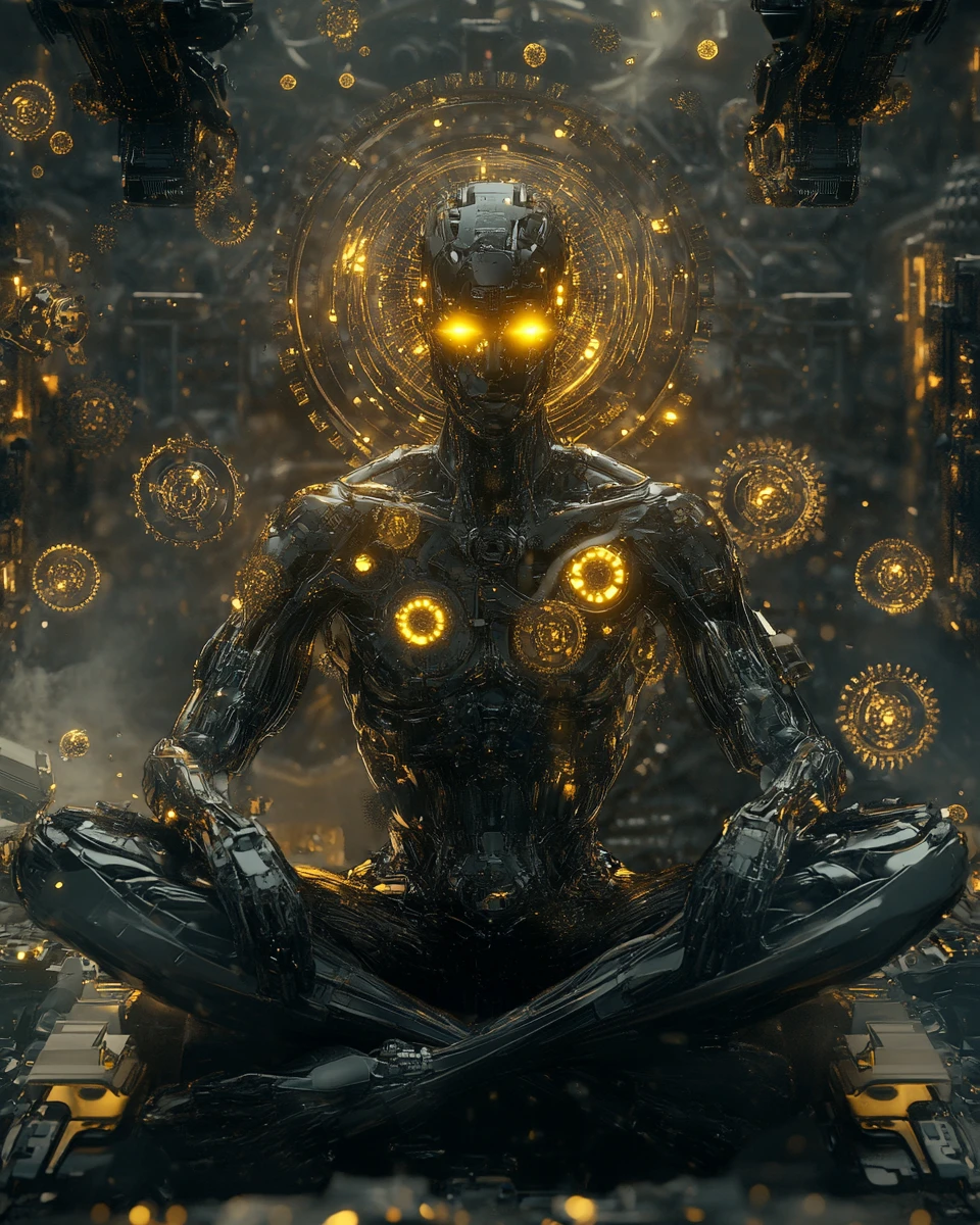 Uomo cyborg futuristico con corpo meccanico dorato