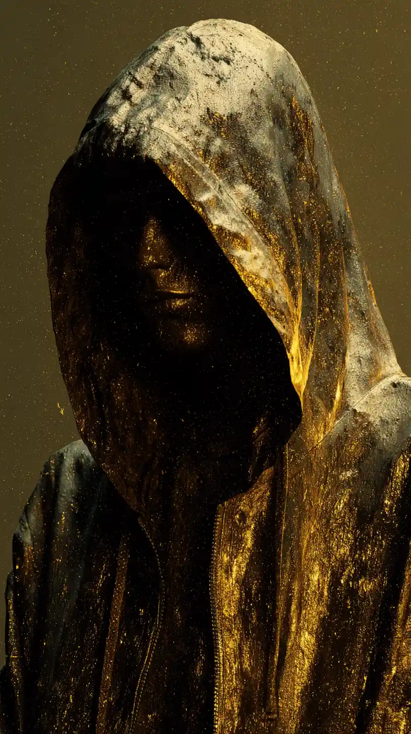 雨の都会の通りに立つ hood を被った霧の人物