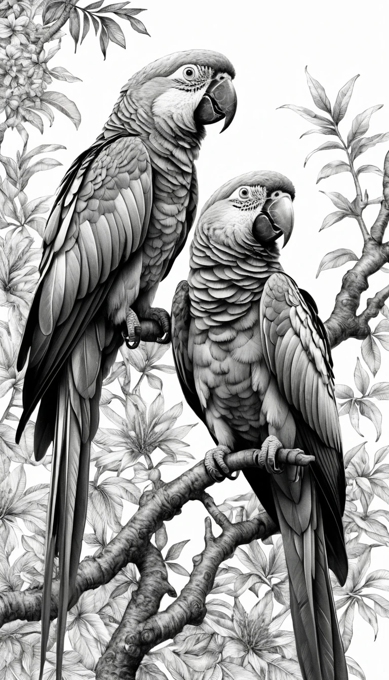 精緻黑白墨水鸚鵡錯視插畫