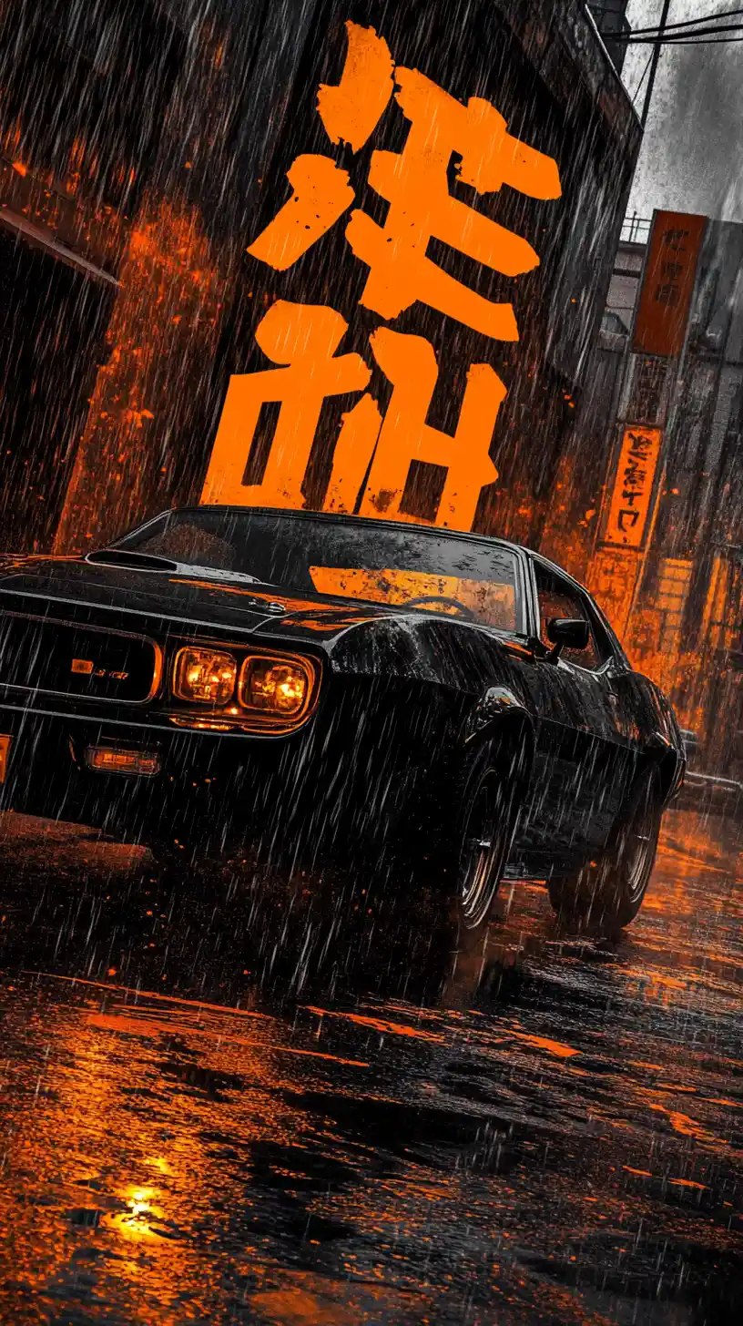 Black muscle car racing down a rainy city street