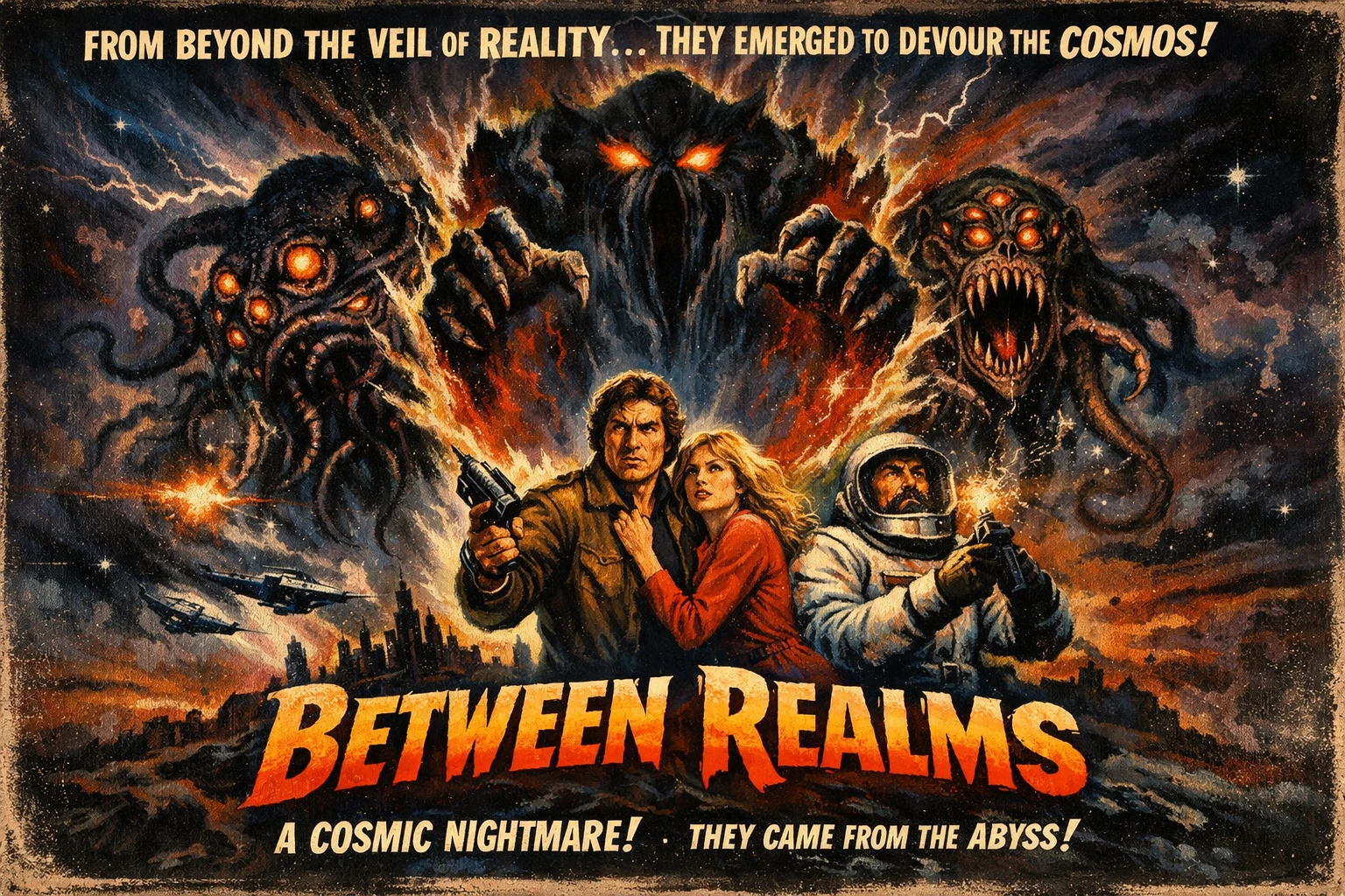 Cosmic beings emerging from a torn veil between realms
