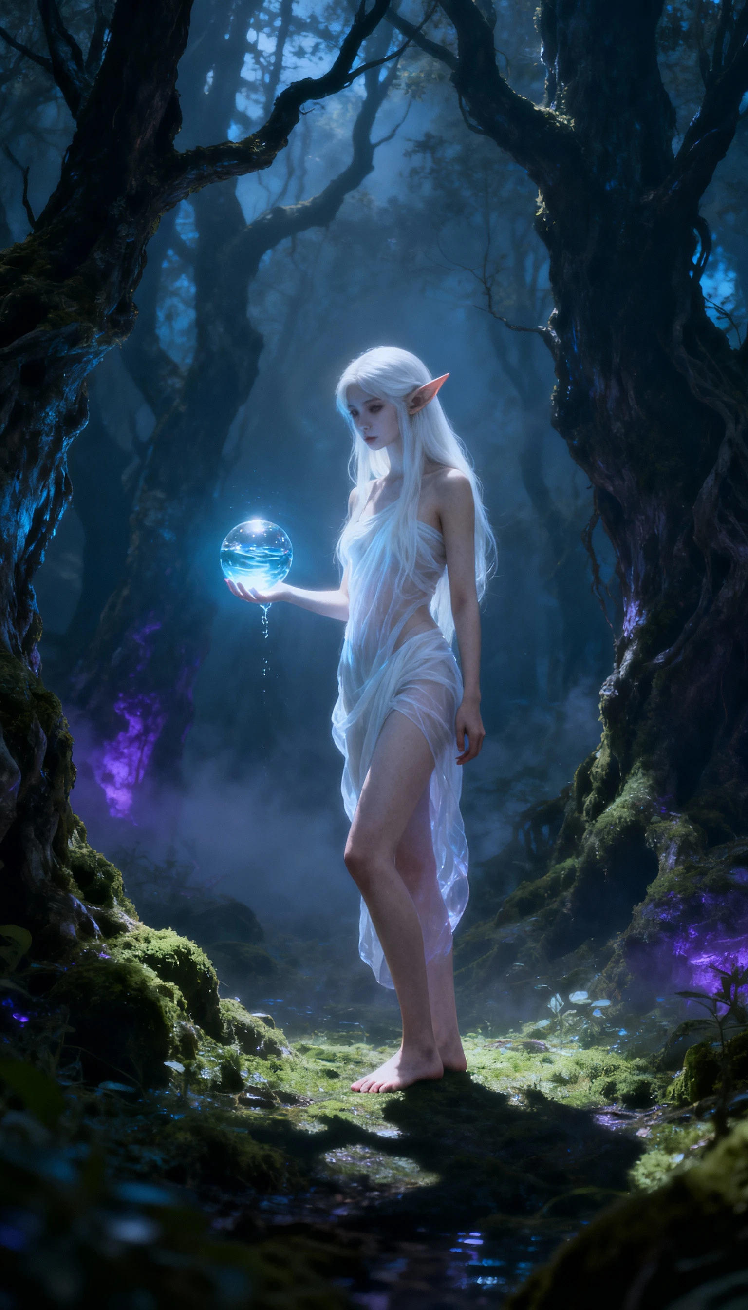 Elf girl with glowing water orb in mystical forest