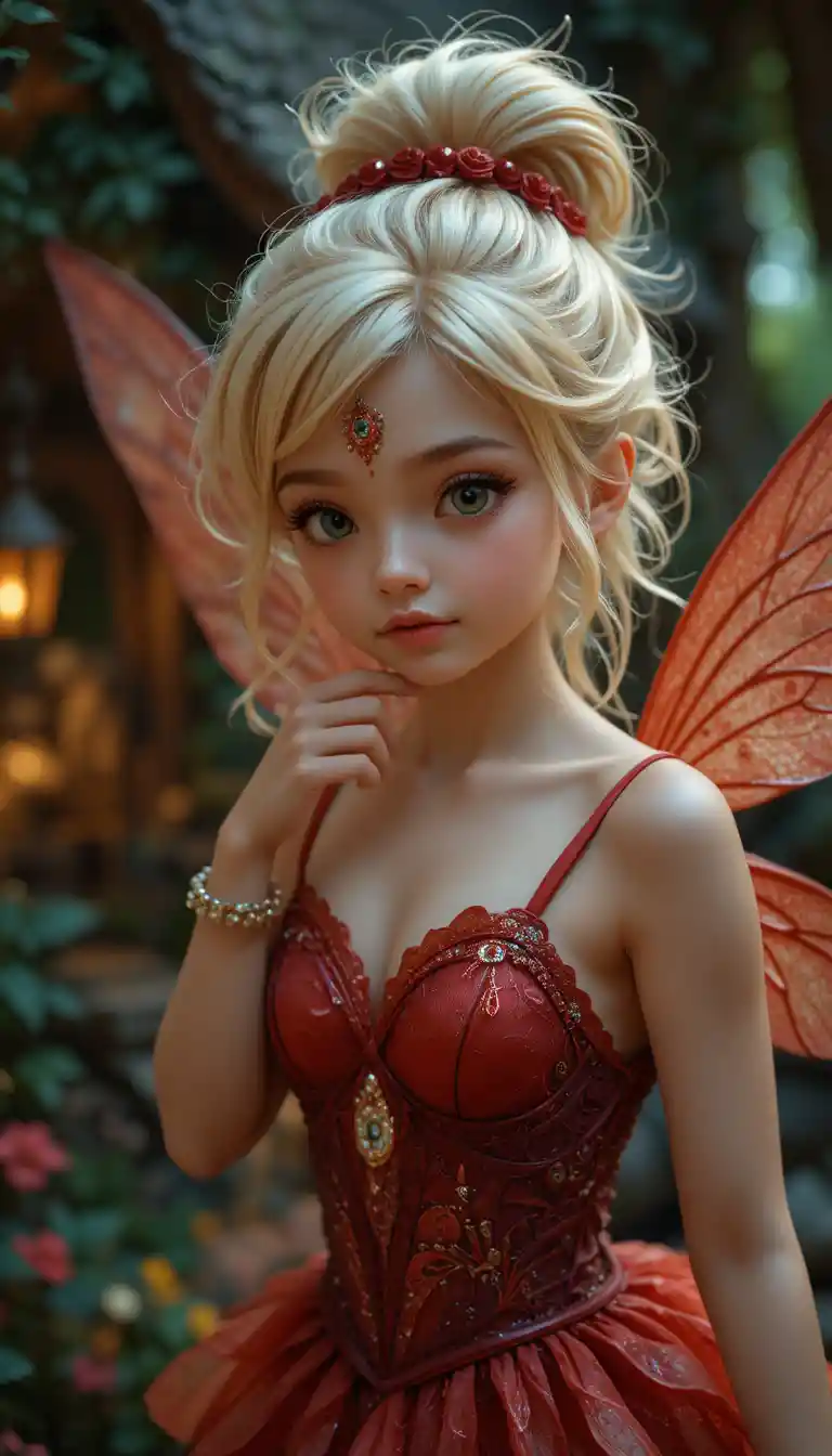 Schüchternes blondes Feenmädchen im roten Kleid fliegt am Baumhaus vorbei