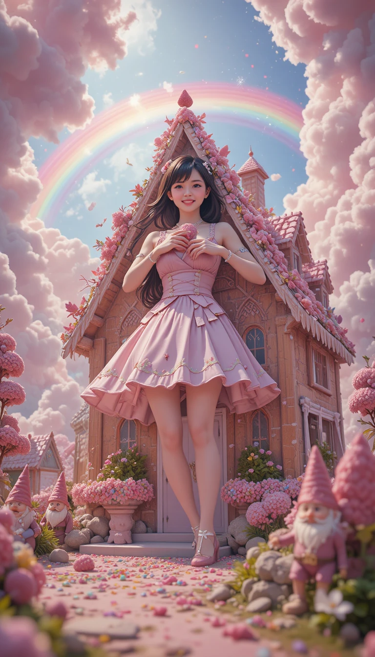 Giant anime girl eating a whimsical candy house
