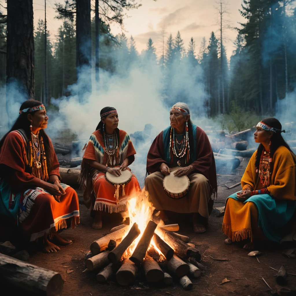 Círculo ritual nativo americano junto al fuego en una noche de bosque humeante