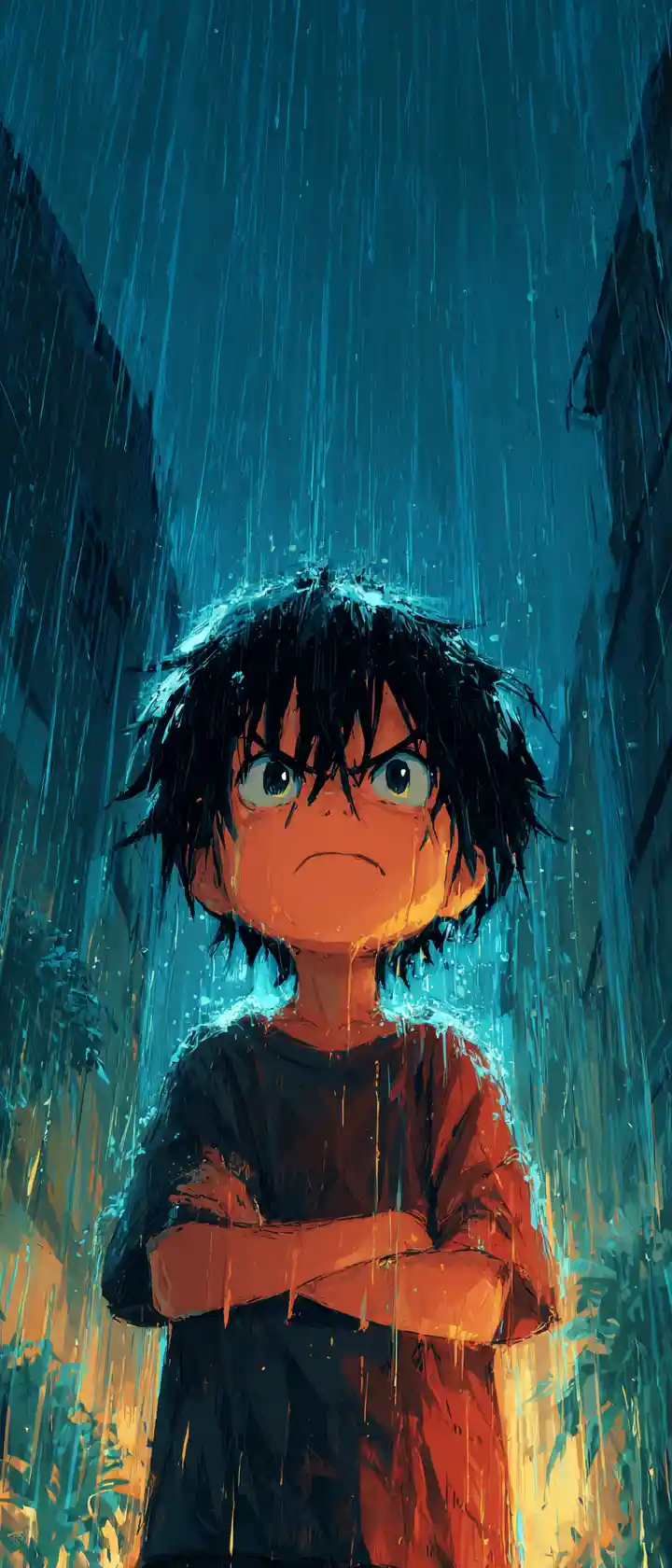 Angry Boy In Night Rain Outside Family House Window
