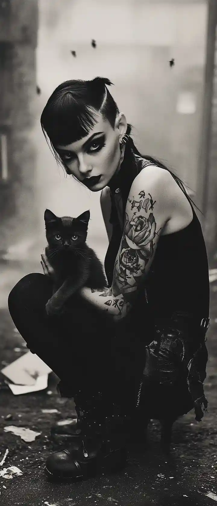 Gothic woman with kitten in a foggy urban backyard