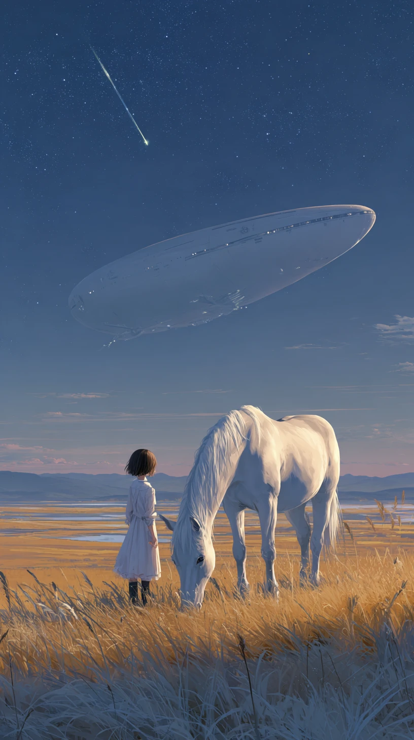 Girl leading a white horse across moonlit grassland