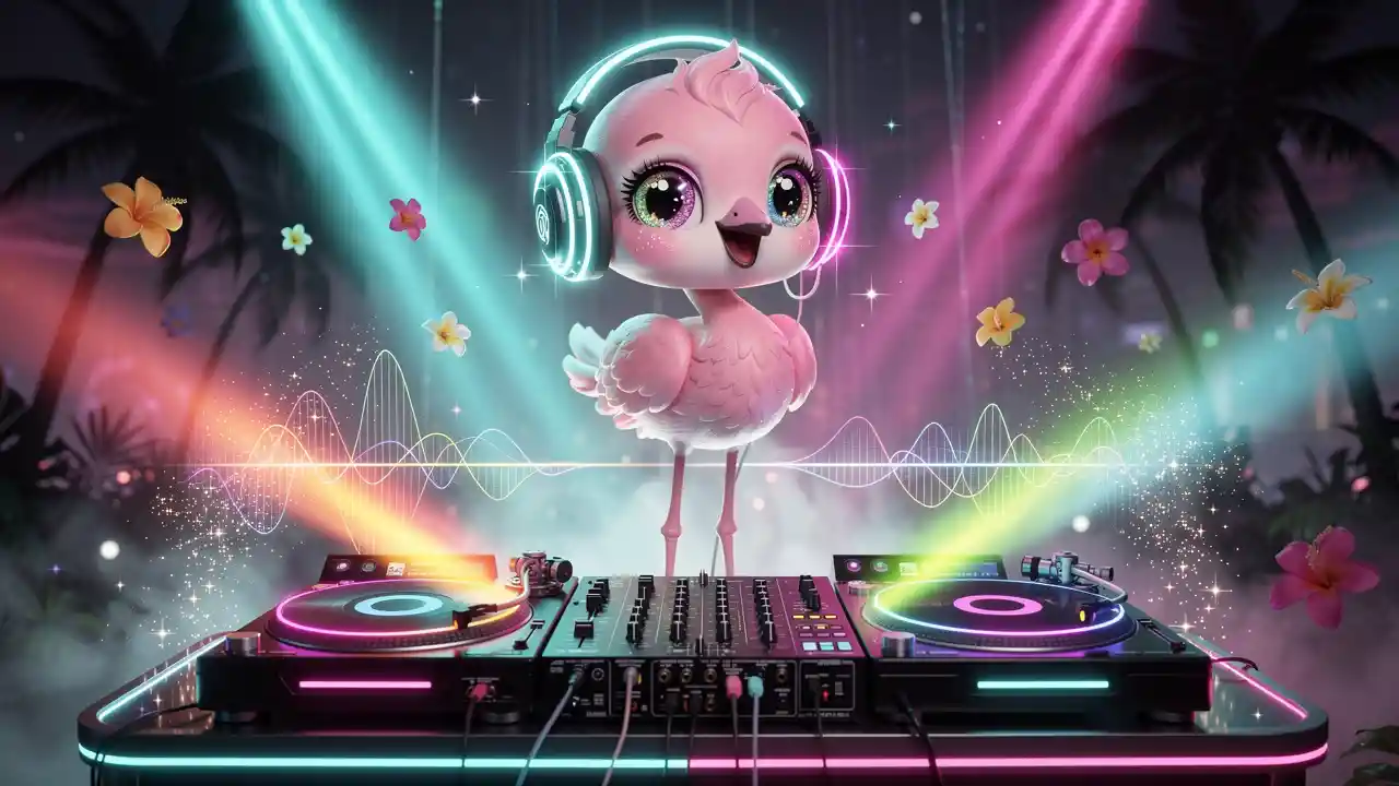 네온 트로피컬 나이트클럽의 귀여운 3D 플라밍고 DJ