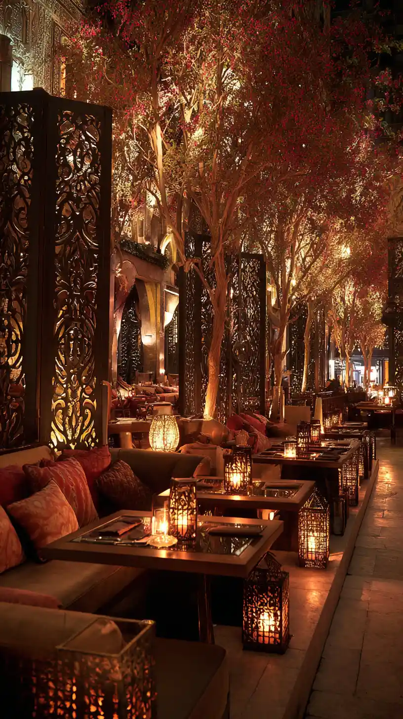 Ristorante all'aperto circondato da alti alberi illuminati e divisori