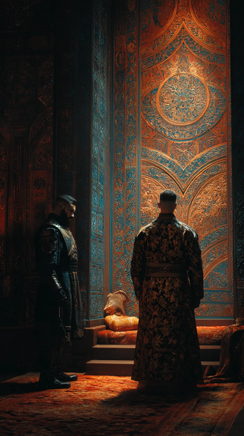 Futuristic guards outside a royal cyberpunk palace bedroom