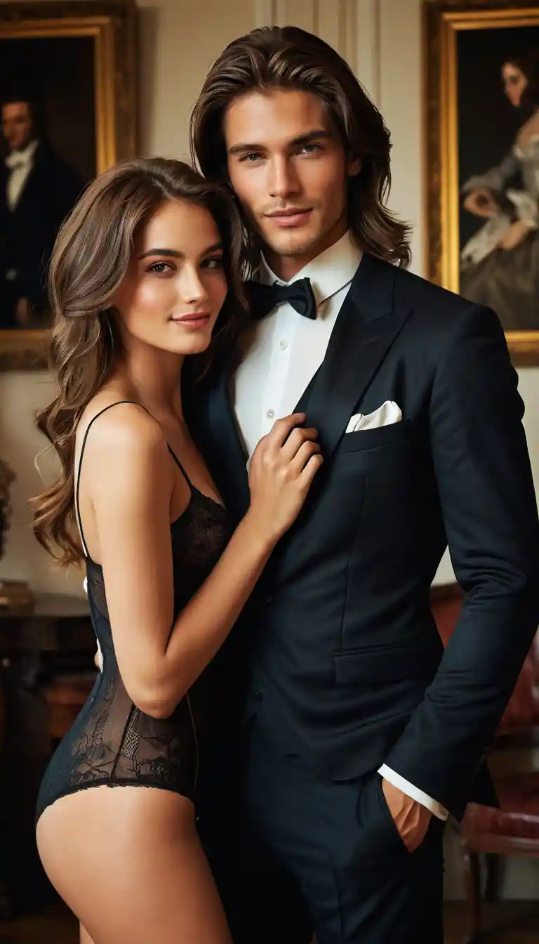 Elegant couple in a sensual manor close up portrait