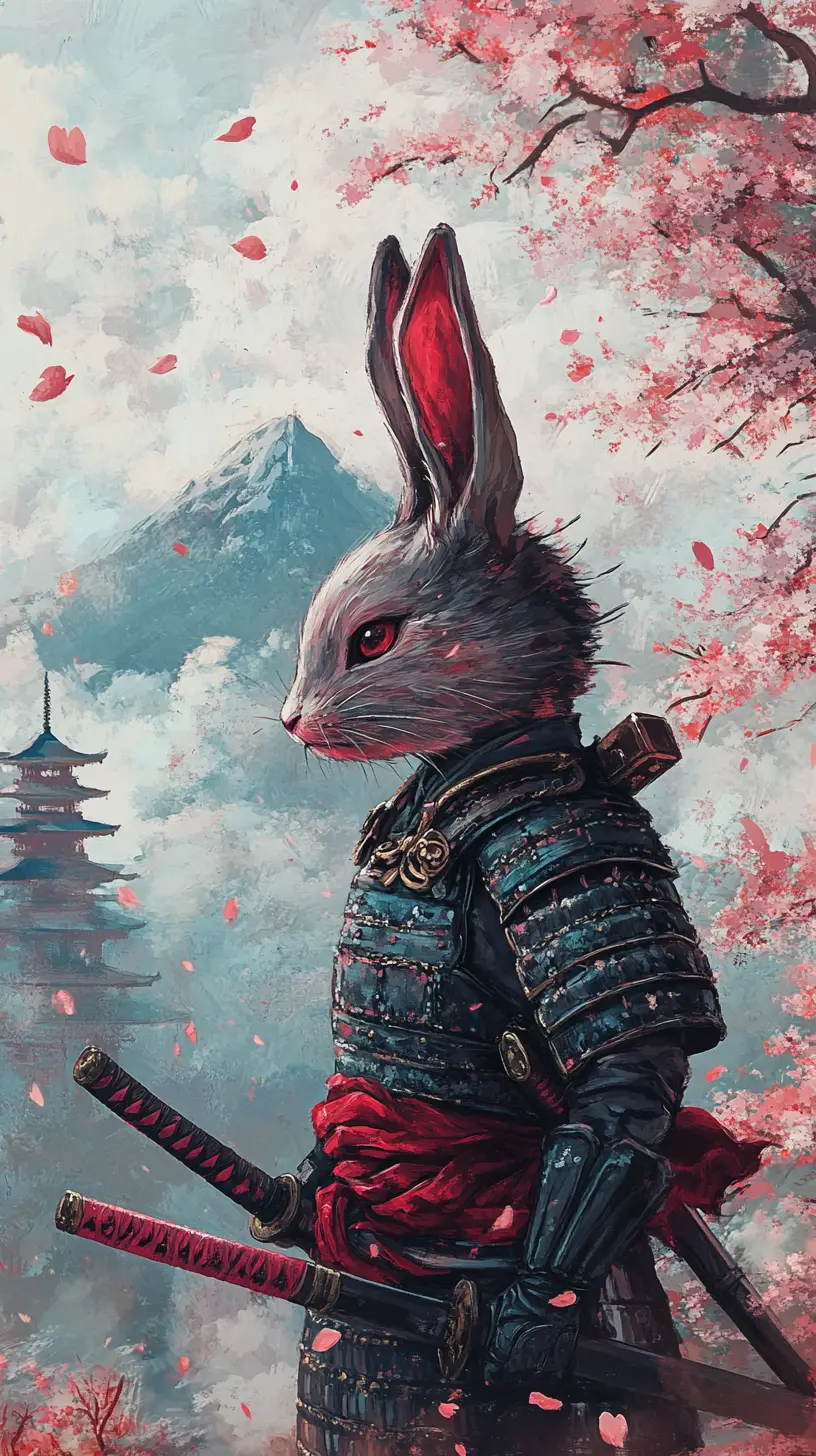 Junge Kaninchen-Samurai-Mädchen neben Katana in Blüten