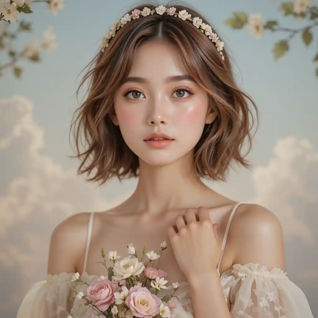 花冠をつけた若い女性の夢幻的なアップポートレート