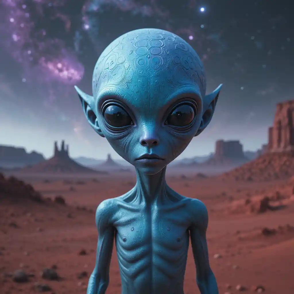 Mystical blue alien standing on a crimson alien world