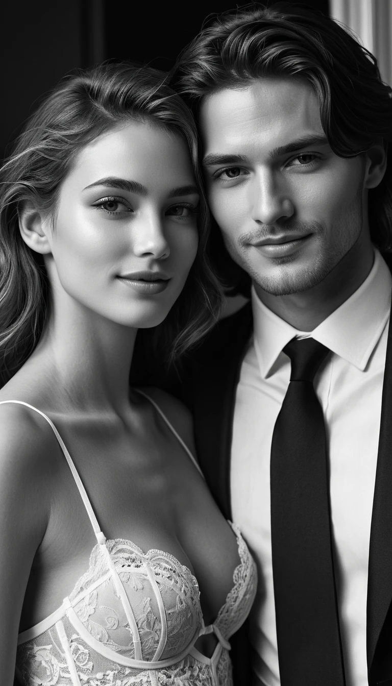Elegant couple flirting in a luxurious manor interior
