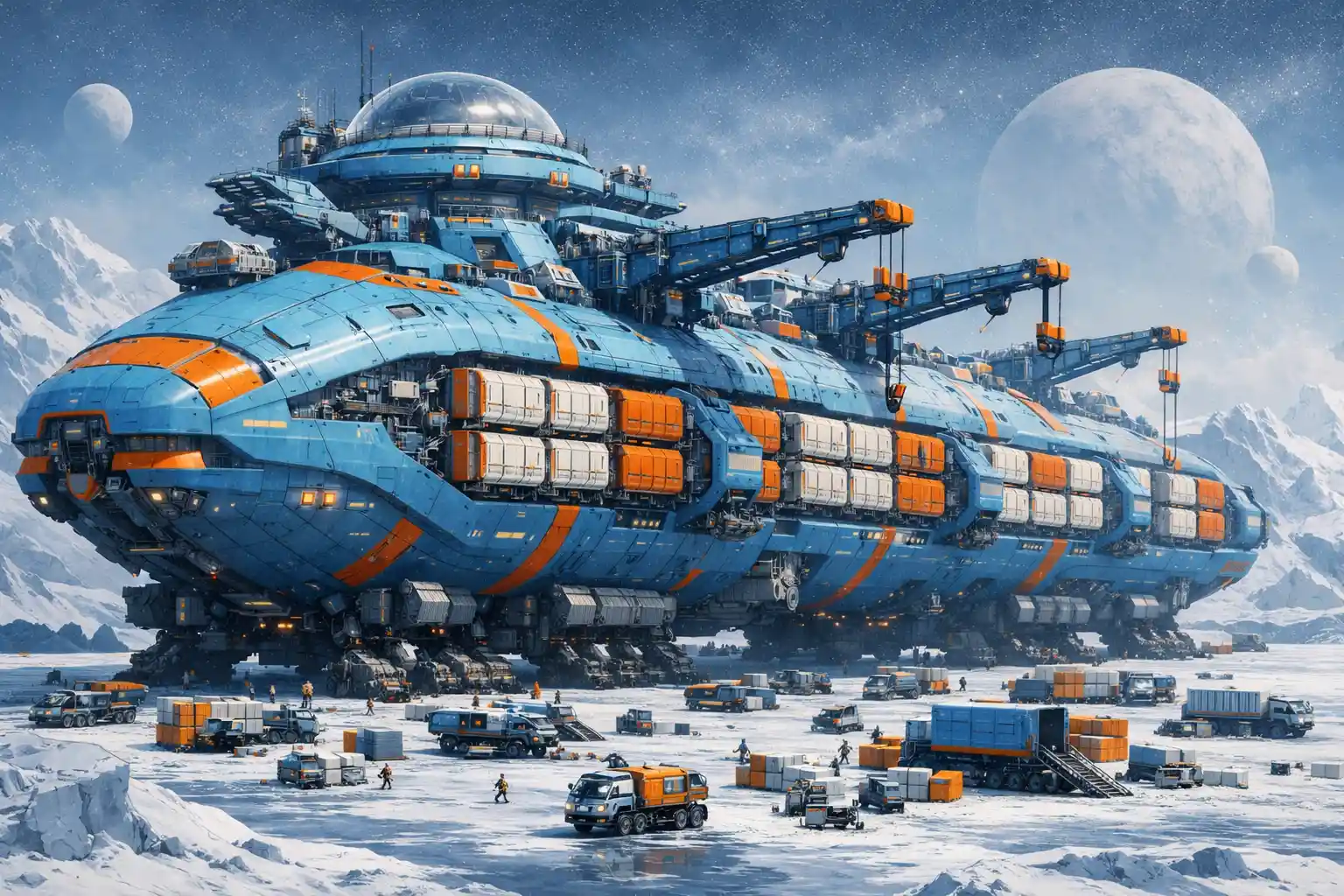 Gigantische Fracht-Raumstadt auf einem gefrorenen weißen Planeten