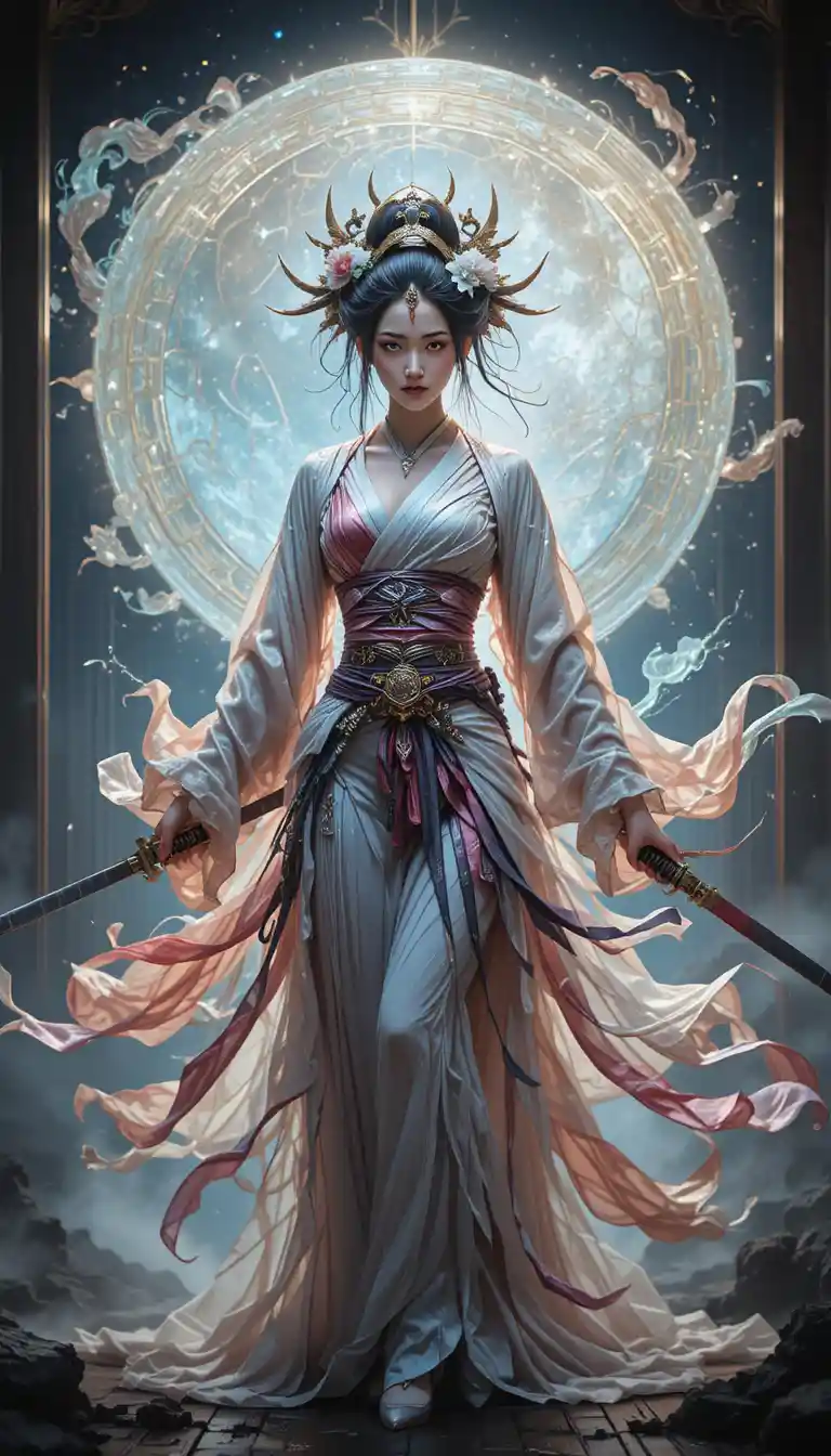 Japanische Krieger-Geisha mit zwei Katanas im Garten