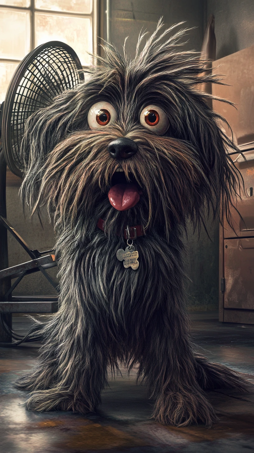 Shaggy Dog With Blown Back Fur Facing A Metal Fan