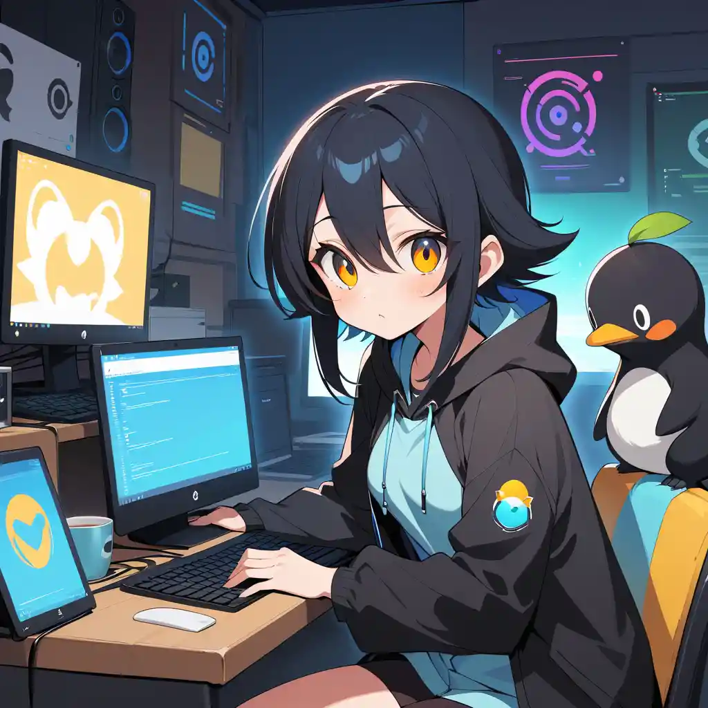 Anime girl in linux penguin outfit with computer