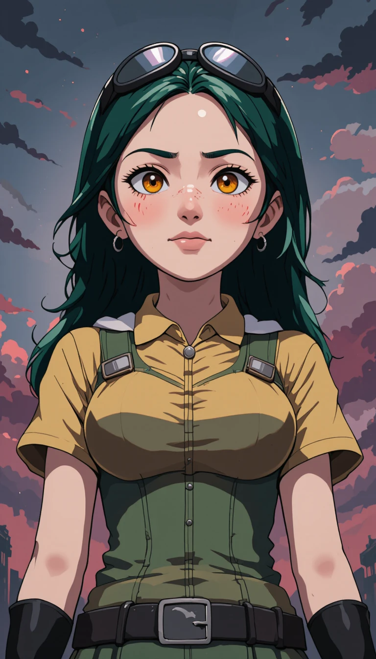 暗色天空下的綠髮像素風動漫女孩