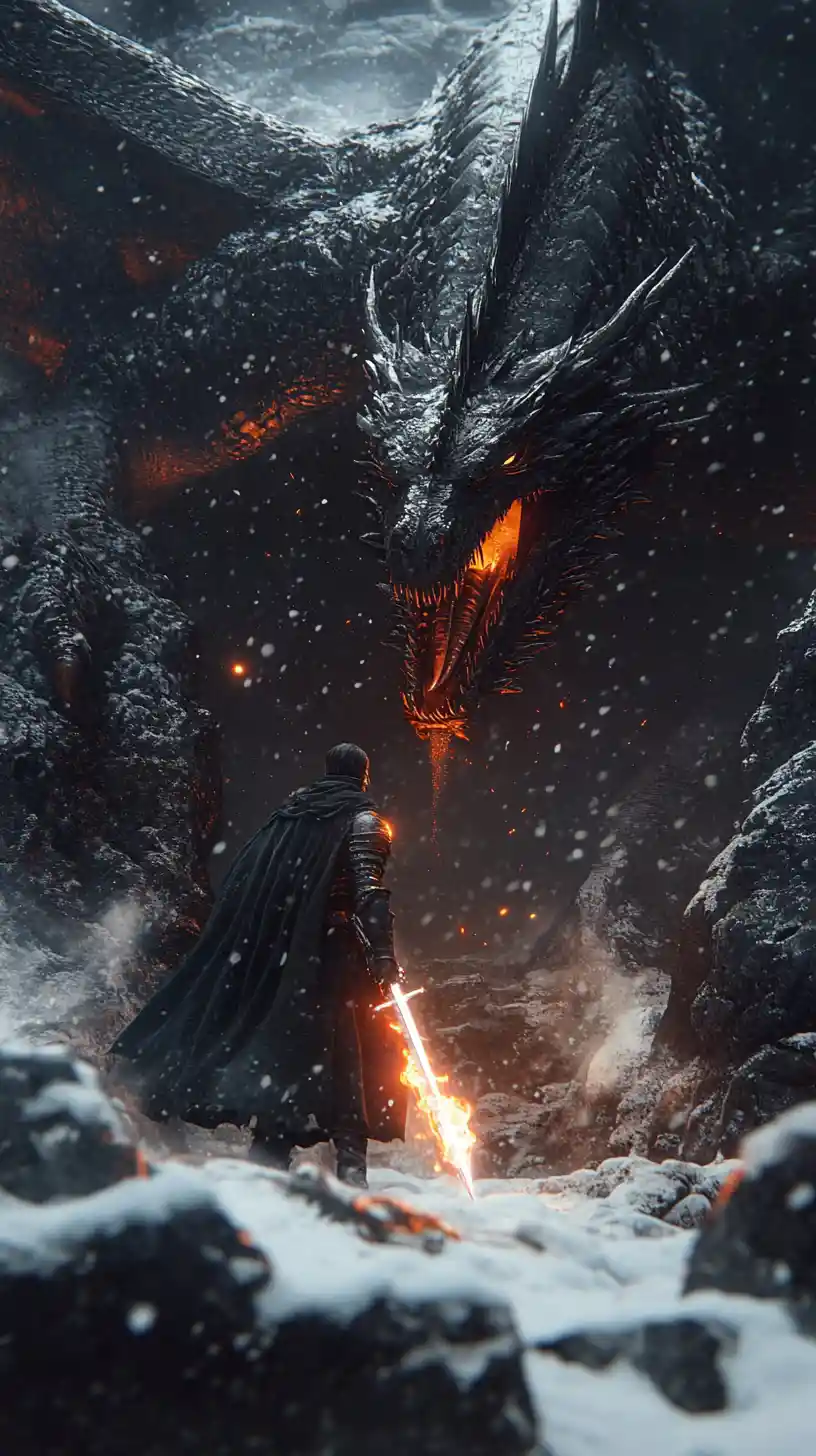 Armored warrior with burning sword entering dragon cave