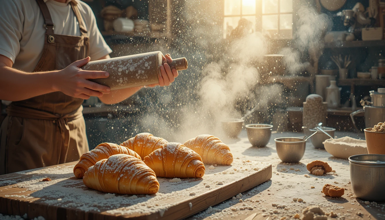 Baker Shaping Croissants In A Flour Dusted Kitchen
