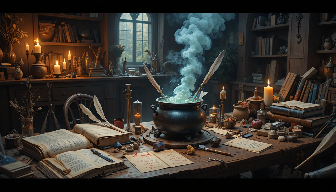Cozy wizard study with spellbooks and bubbling cauldron