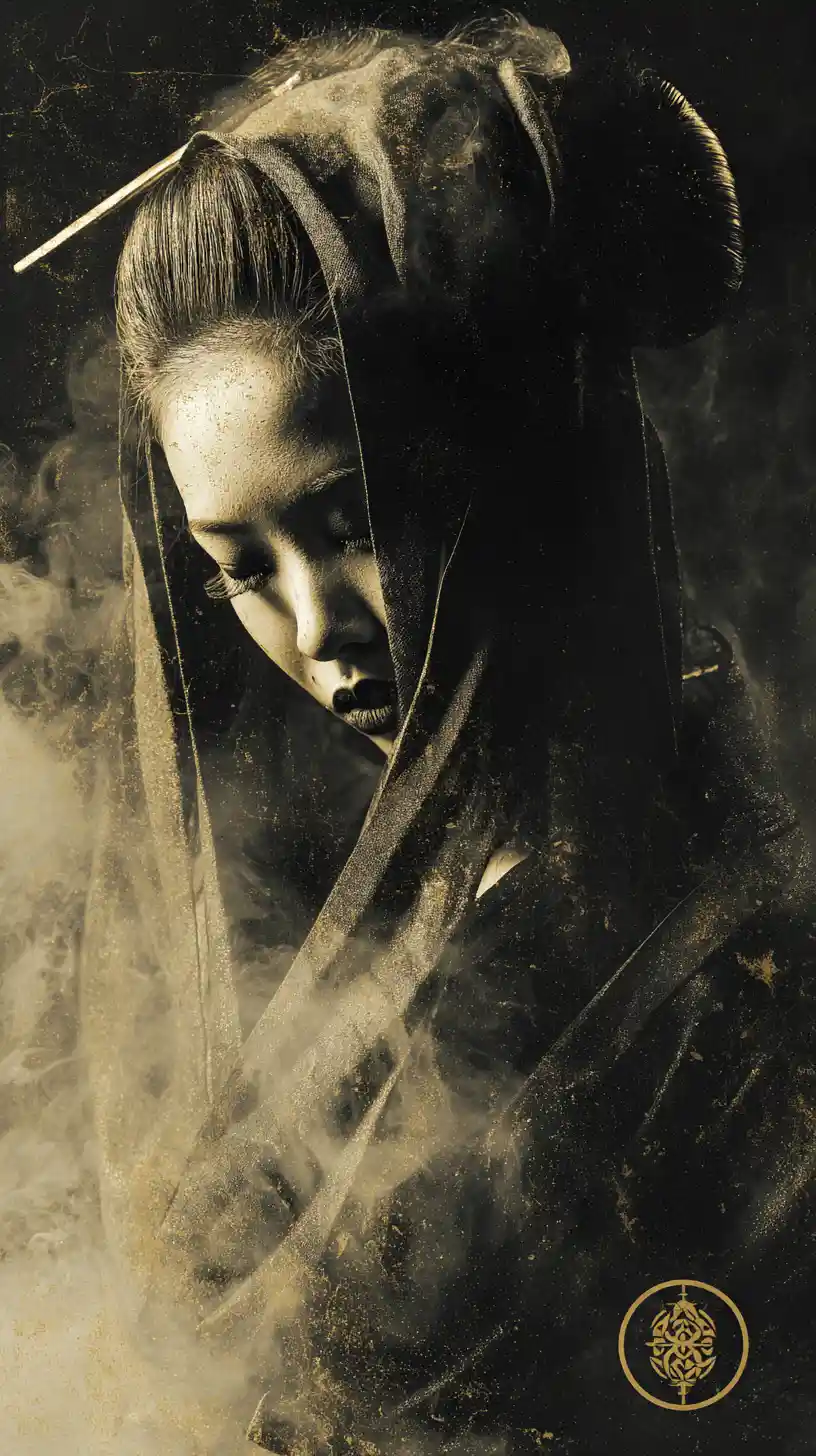 Haunting cloaked geisha figure emerging from golden city mist