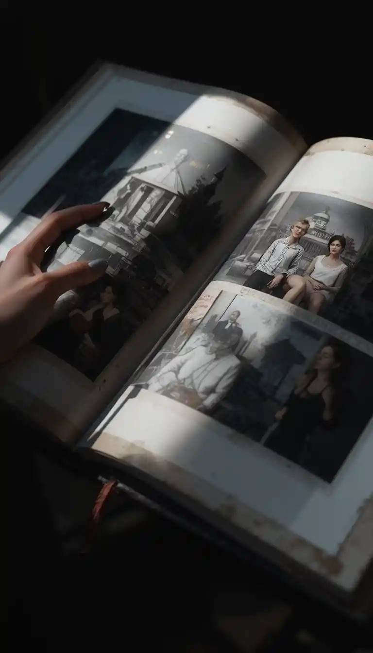 Woman hand turning pages of an old photo album