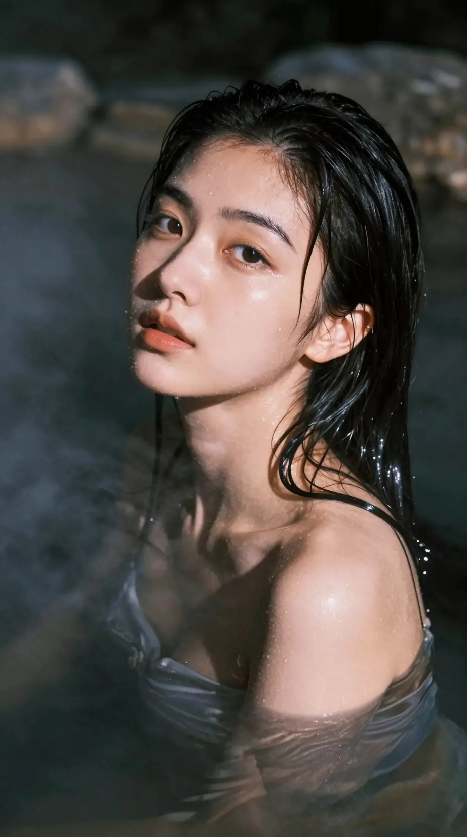 Taiwanese woman in moonlit Japanese onsen with rising steam