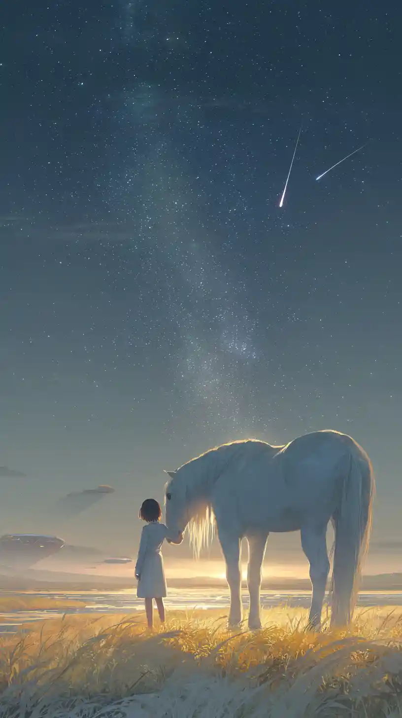 Ragazza che guida un cavallo bianco sotto un cielo sci‑fi illuminato dalla luna