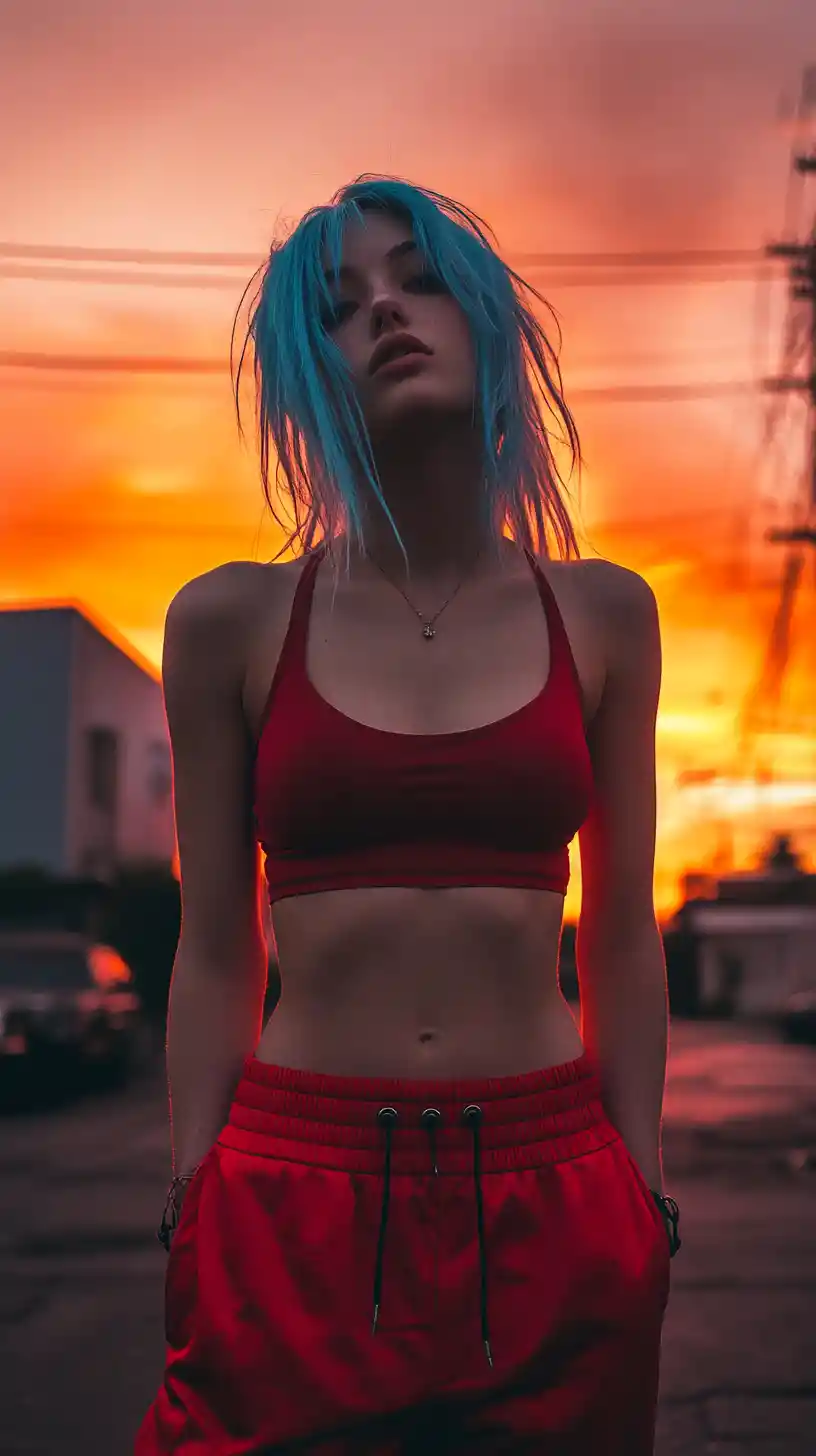 Blue haired woman on city street at sunset