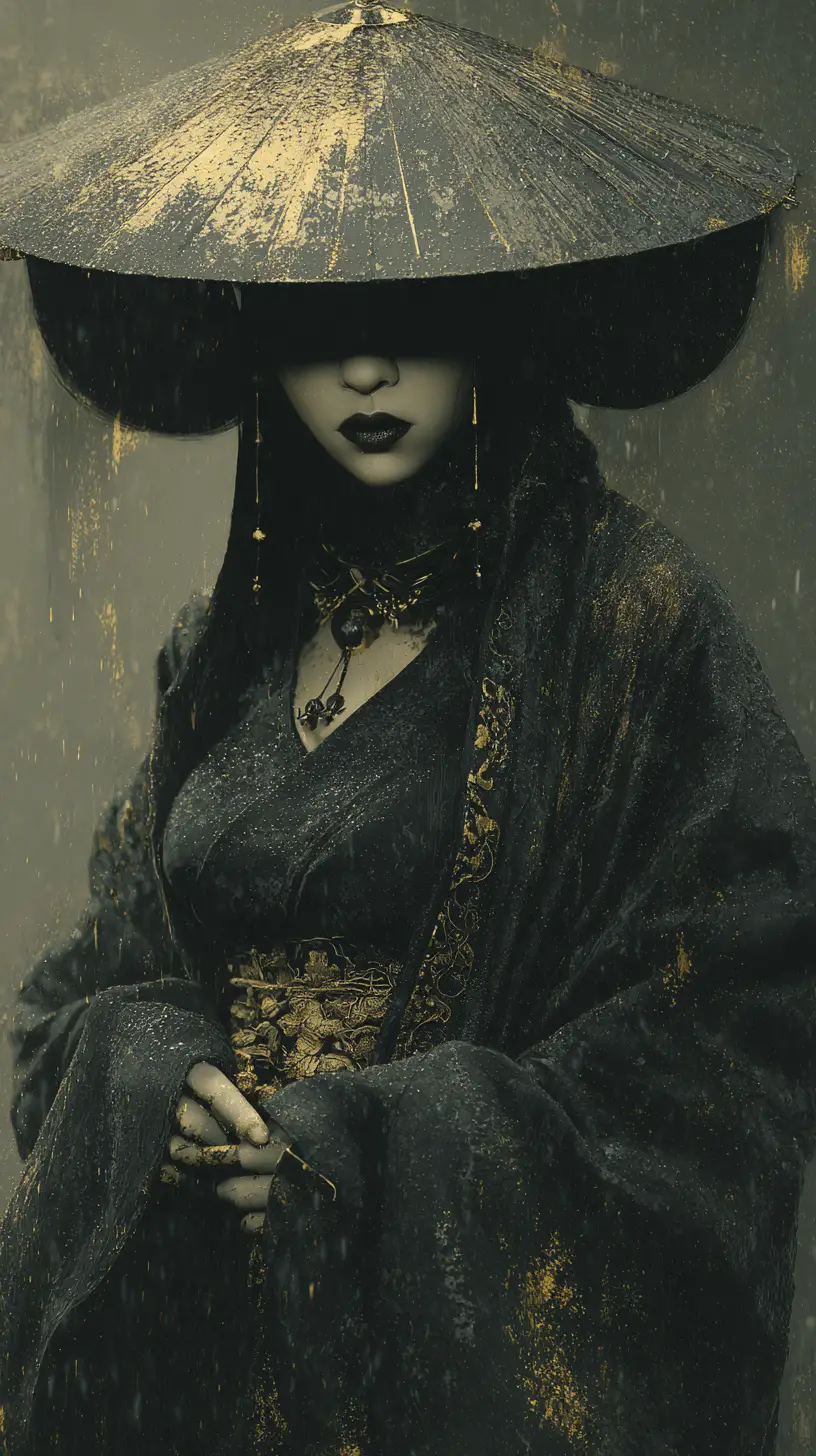 Haunting cloaked geisha figure emerging from golden city mist