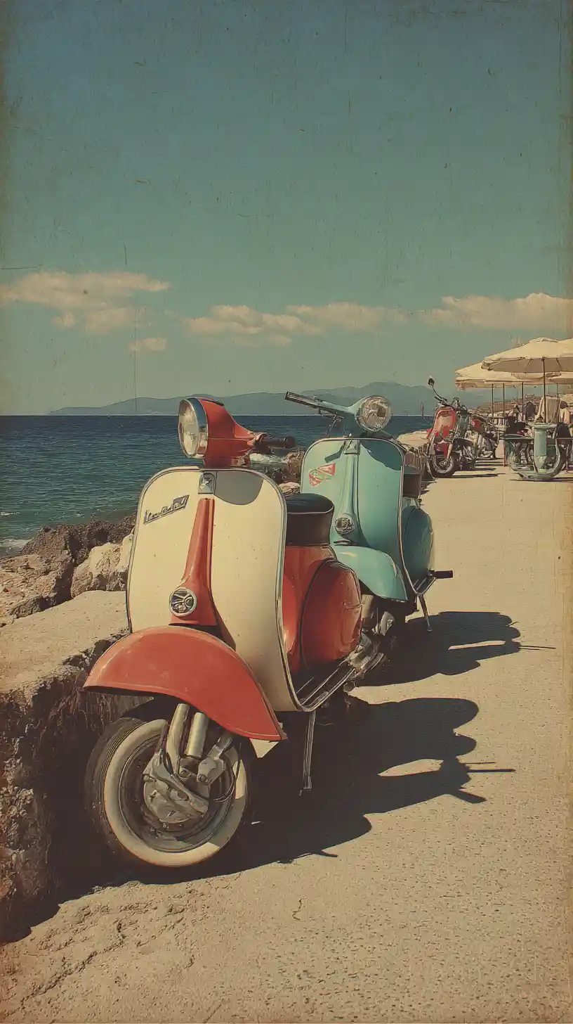 Scooters vintage junto al mar con un soleado estilo de los años 60