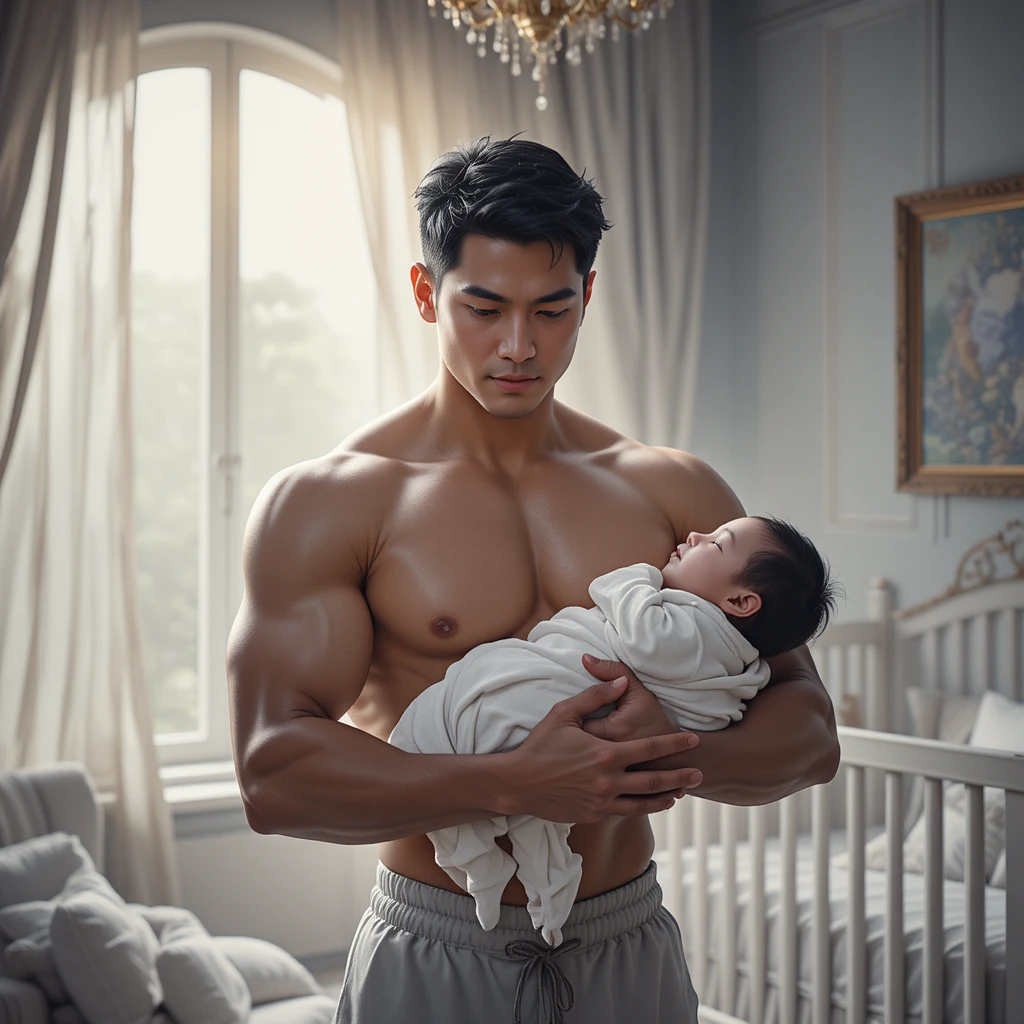 Padre asiático sosteniendo a su bebé en una habitación de bebé con luz suave