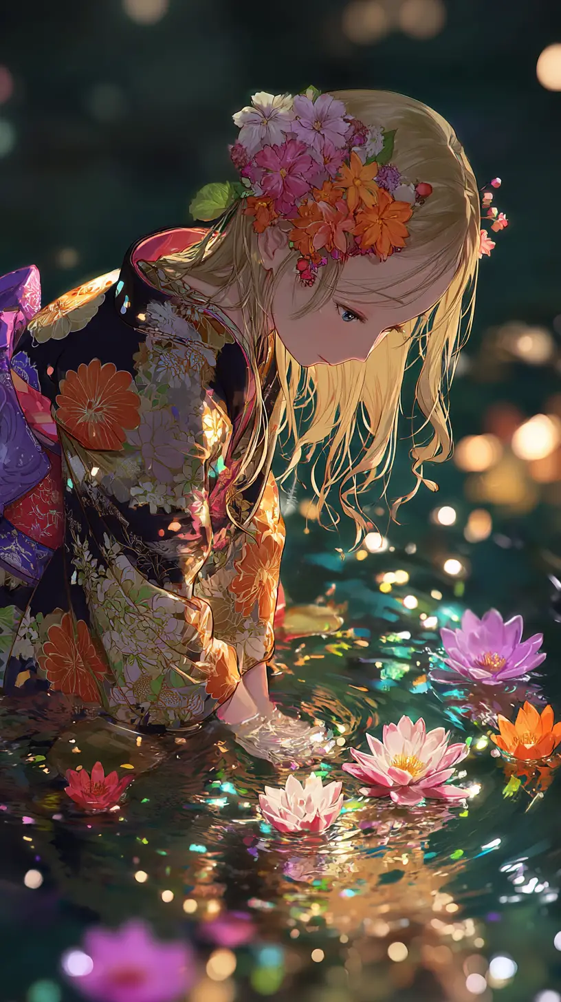 Melancholic anime girl in floral kimono by a dark pond