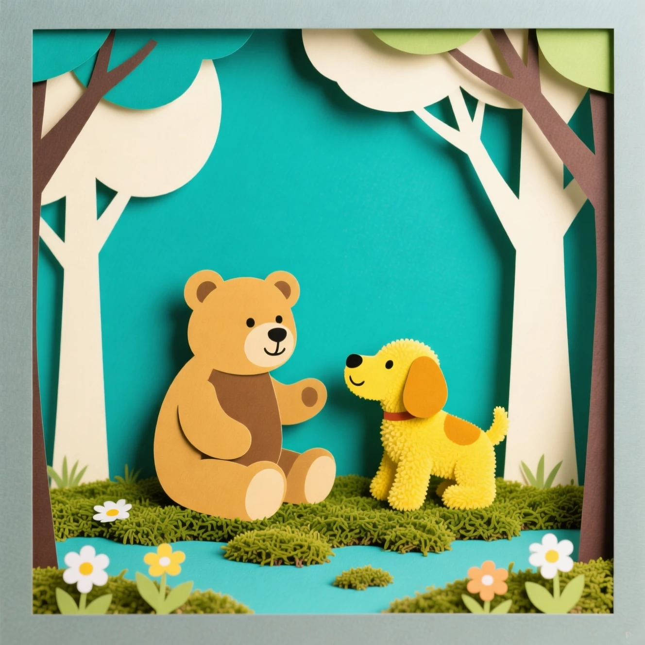 Papierkunst-Waldszene mit Teddybär und Plüschhund