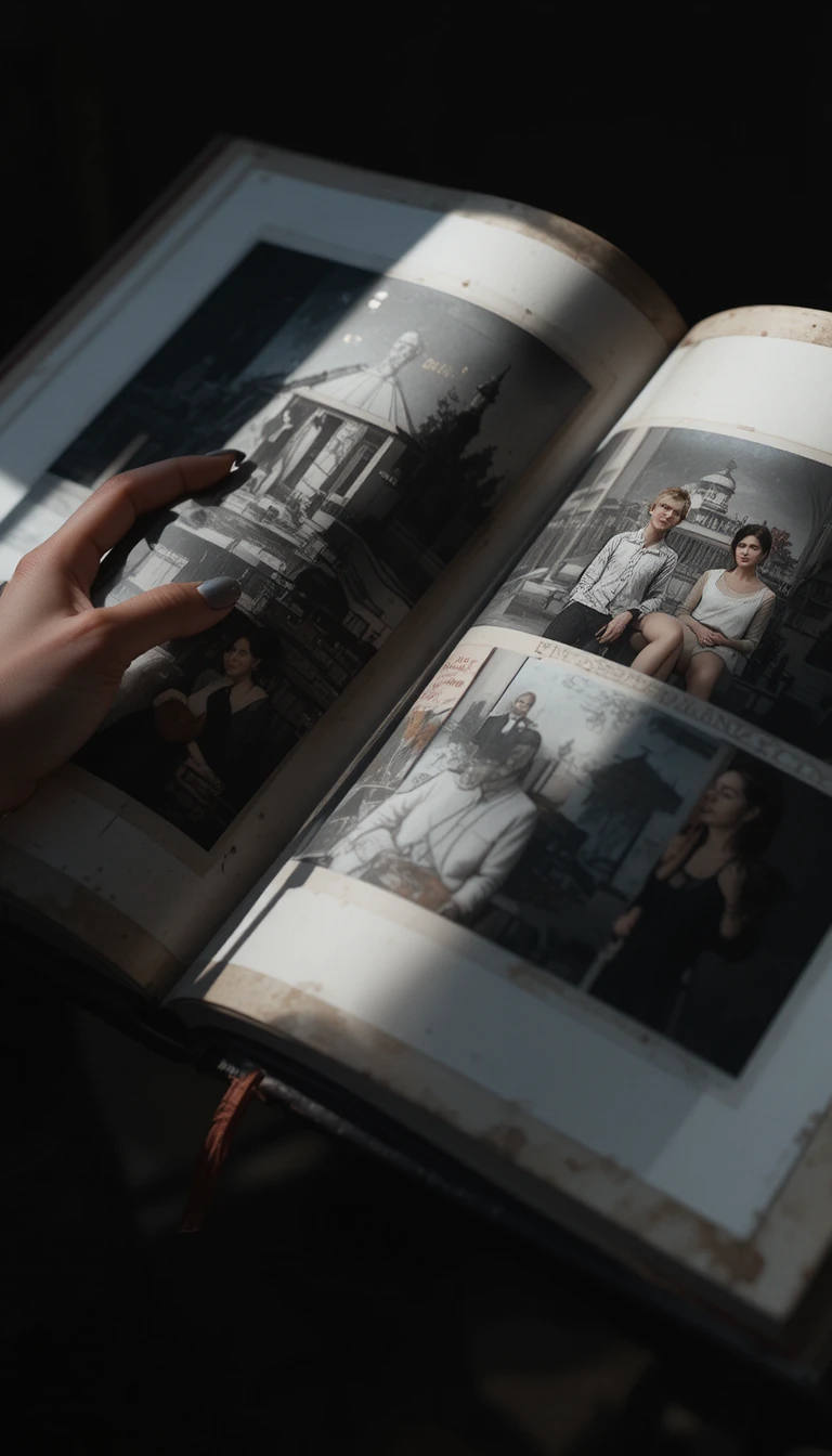 Woman hand turning pages of an old photo album