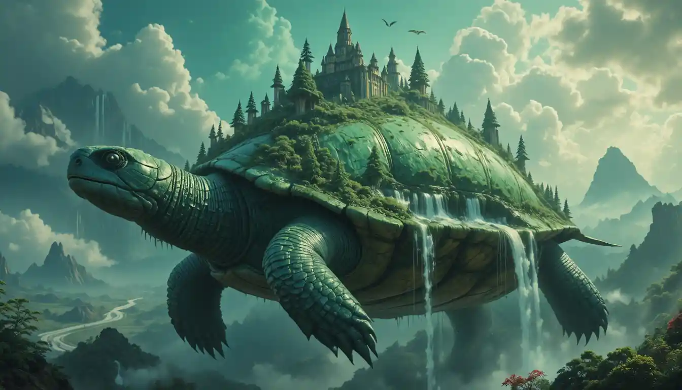 Surreale riesige Schildkröte mit Bergen, Wäldern und Wasserfällen