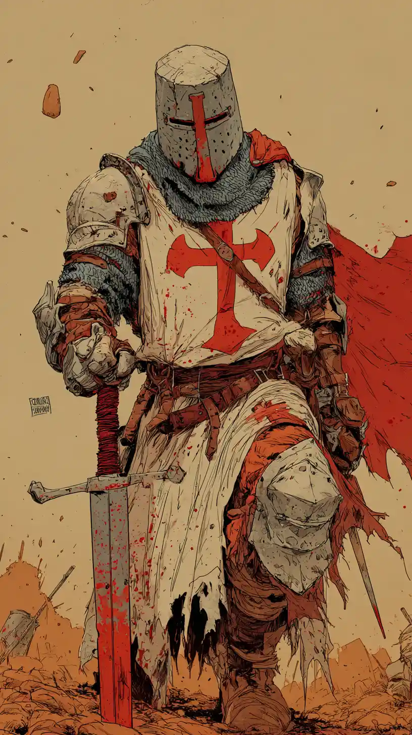 Cansado caballero templario permanece victorioso en un campo de batalla en ruinas