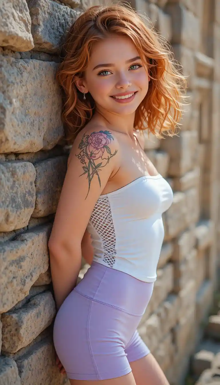 Smiling red haired girl leaning against a rustic stone wall