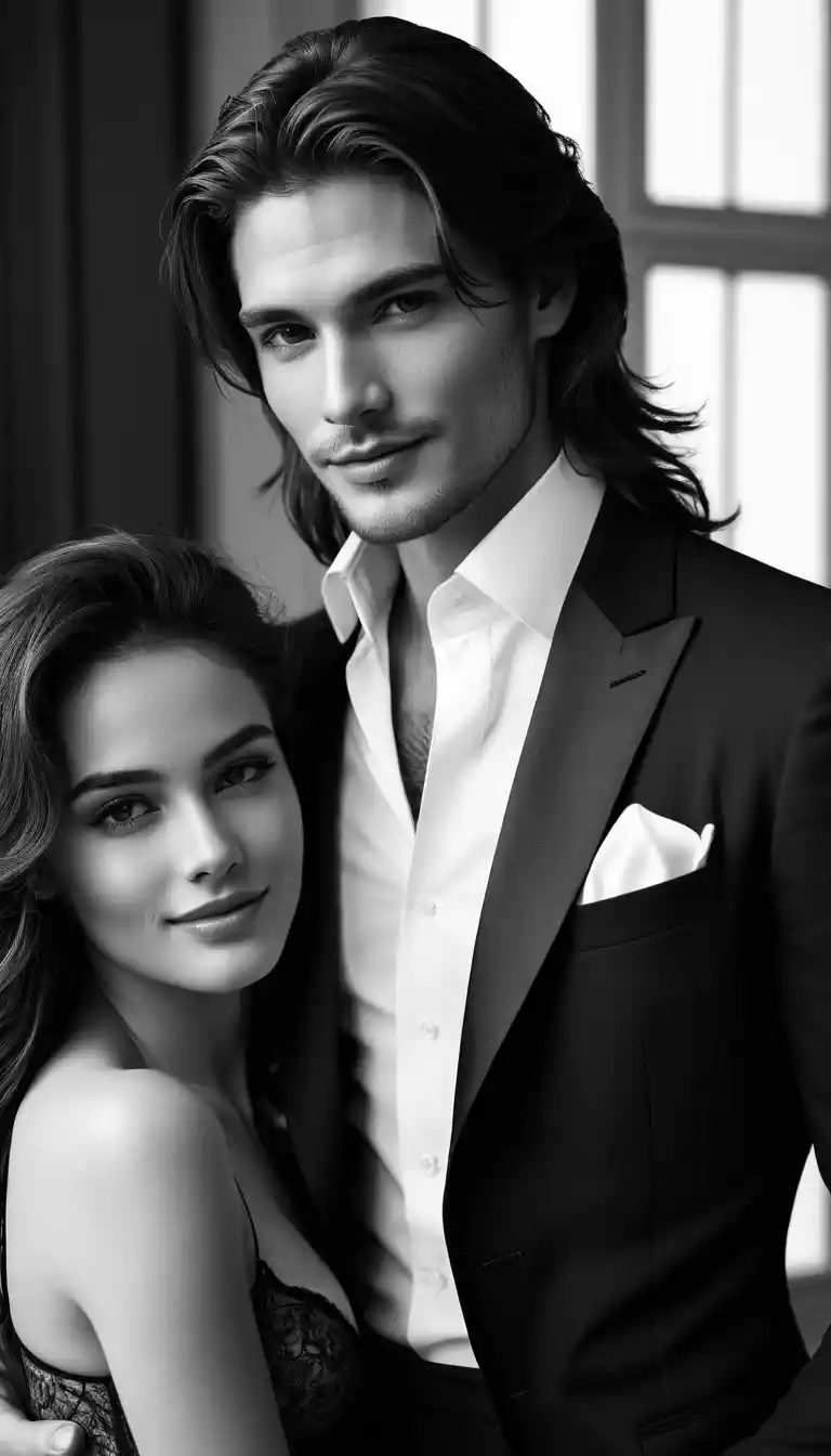 Elegant couple flirting in a luxurious manor interior