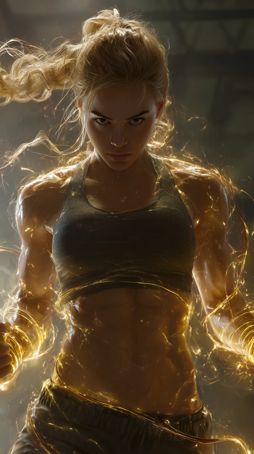 Muscular female villain charging with golden energy in gym